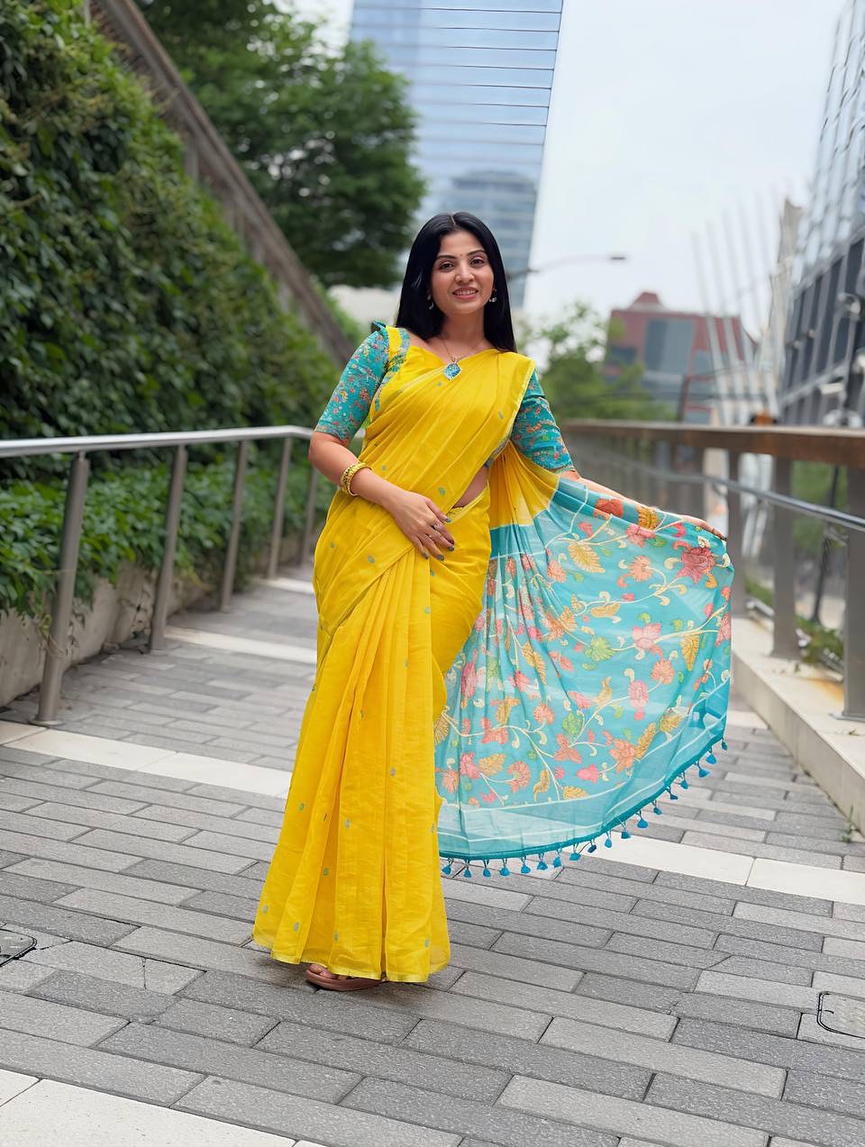 Yellow Kalamkari Linen Cotton Saree – Handloom Digital Print with Latkan & Matching Blouse | House of ShiVisha™ | Ethnic Heritage Edition