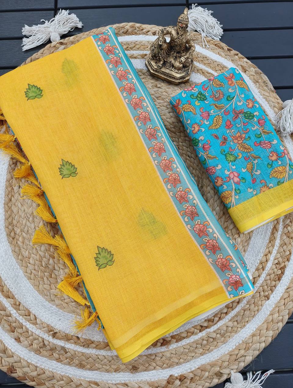 Yellow Kalamkari Linen Cotton Saree – Handloom Digital Print with Latkan & Matching Blouse | House of ShiVisha™ | Ethnic Heritage Edition