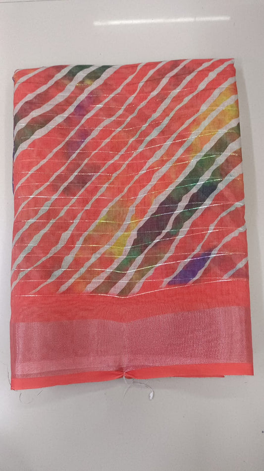 Handloom Recozari Silk Saree – Magenta Pink with Saffron Orange accents, Silver Zari Border (Design 224)
