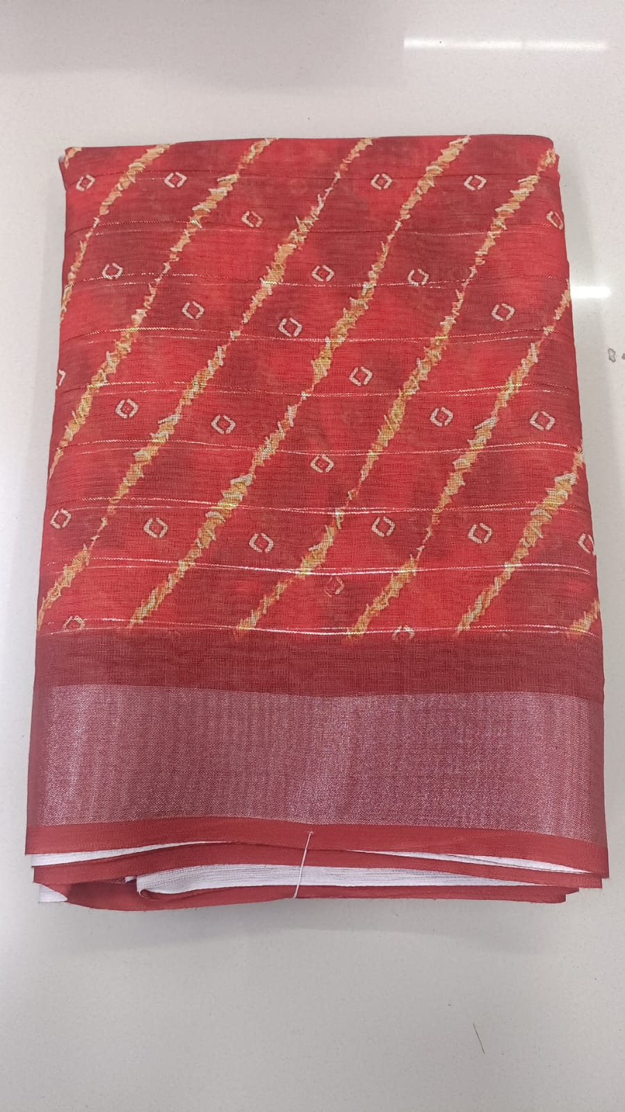 Handloom Recozari Silk Saree – Silver Grey with Ruby Red accents, Silver Zari Border (Design 182)