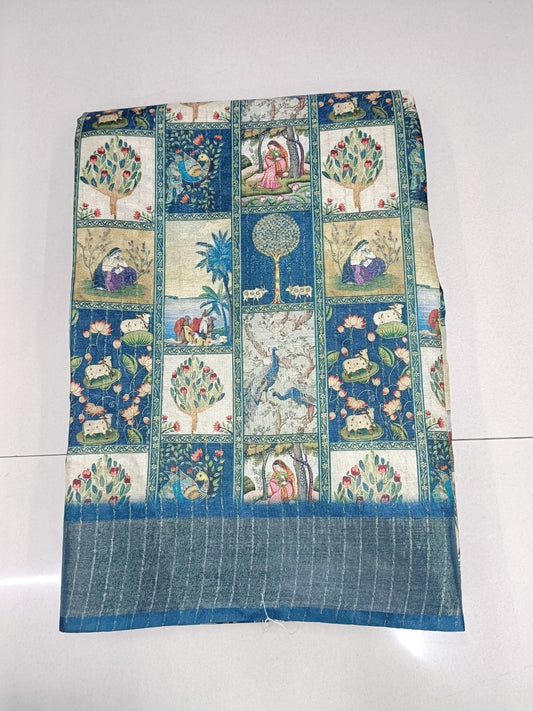 Handloom Recozari Silk Saree – Royal Blue with Saffron Orange accents, Zari Border (Design 209)