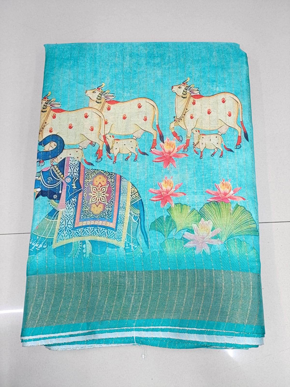 Handloom Recozari Silk Saree – Mustard Yellow with Teal Blue accents, Zari Border (Design 175)