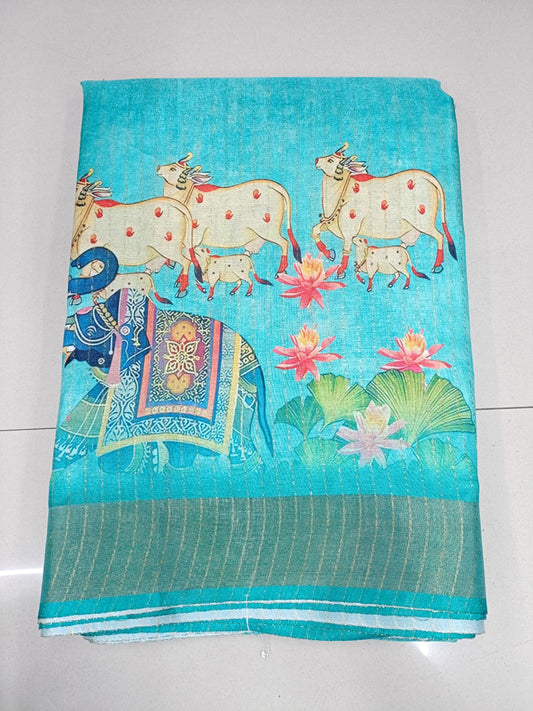 Handloom Recozari Silk Saree – Mustard Yellow with Teal Blue accents, Zari Border (Design 175)