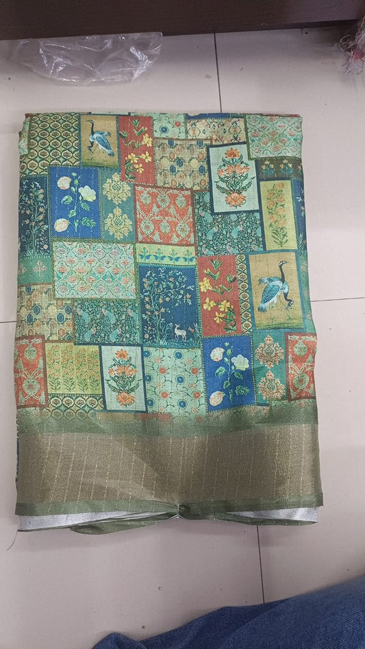 Handloom Recozari Silk Saree – Silver Grey with Royal Blue accents, Silver Zari Border (Design 081)