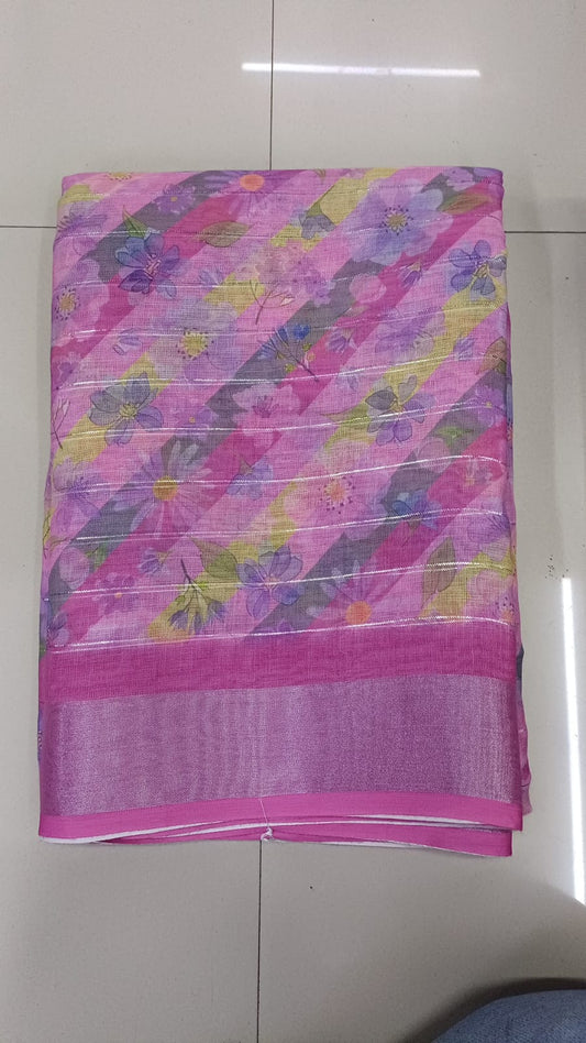 Handloom Recozari Silk Saree – Saffron Orange with Ruby Red accents, Silver Zari Border (Design 186)
