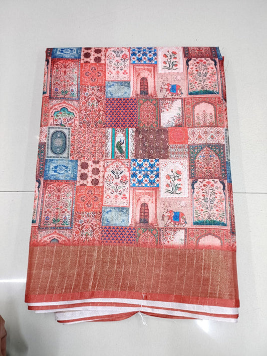 Handloom Recozari Silk Saree – Rust Orange with Mustard Yellow accents, Silver Zari Border (Design 138)