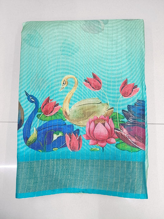 Handloom Recozari Silk Saree – Cobalt Blue with Silver Grey accents, Silver Zari Border (Design 105)