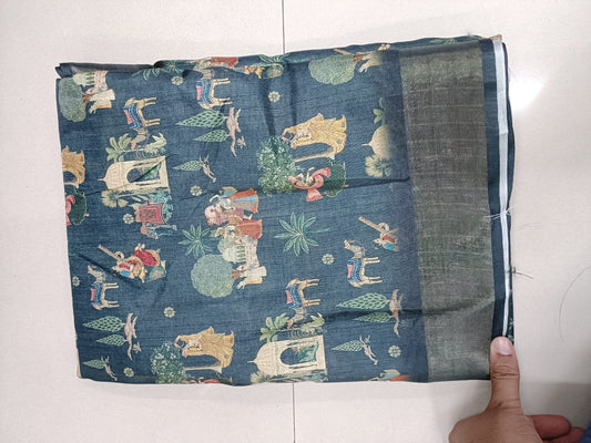 Handloom Recozari Silk Saree – Teal Blue with Rust Orange accents, Zari Border (Design 025)