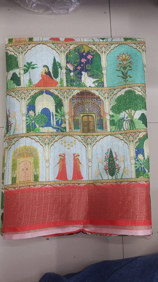 Handloom Recozari Silk Saree – Saffron Orange with Ruby Red accents, Silver Zari Border (Design 207)