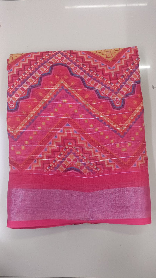 Handloom Recozari Silk Saree – Ruby Red, Silver Zari Border (Design 122)