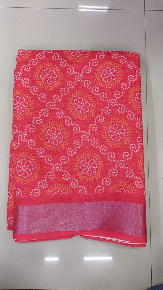 Handloom Recozari Silk Saree – Ruby Red with Saffron Orange accents, Silver Zari Border (Design 024)