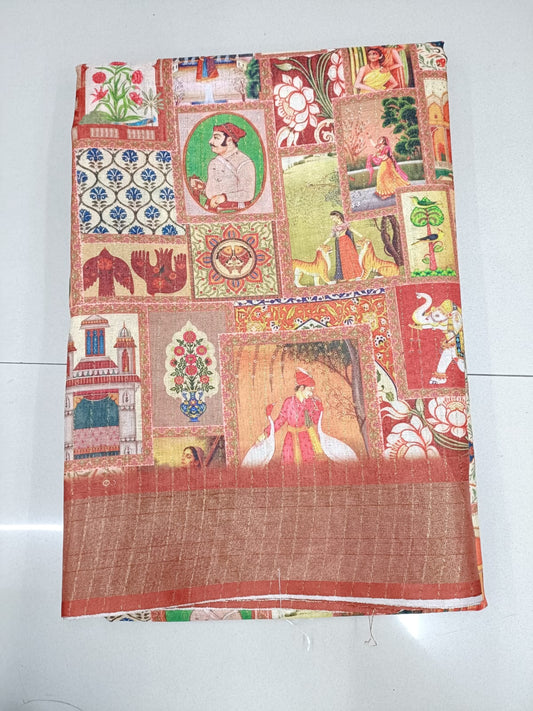 Handloom Recozari Silk Saree – Aqua Blue with Rust Orange accents, Silver Zari Border (Design 226)