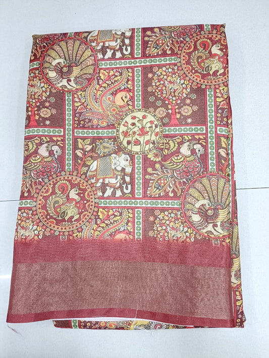 Handloom Recozari Silk Saree – Ruby Red, Silver Zari Border (Design 085)
