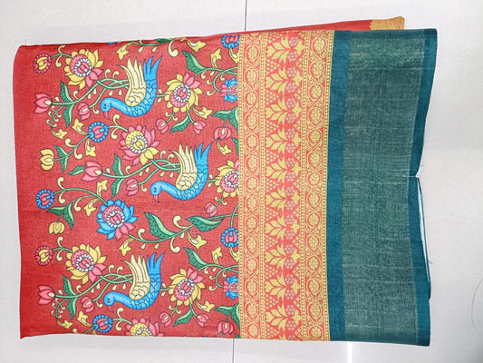 Handloom Recozari Silk Saree – Ruby Red with Crimson Red accents, Silver Zari Border (Design 127)