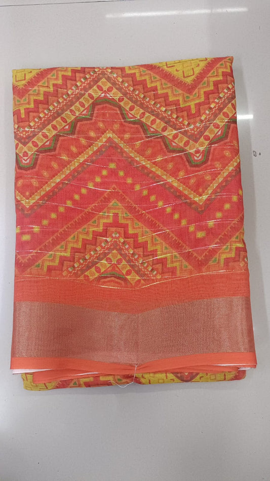 Handloom Recozari Silk Saree – Saffron Orange with Royal Blue accents, Zari Border (Design 089)