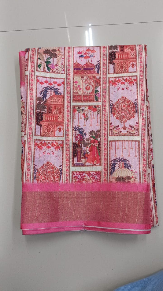 Handloom Recozari Silk Saree – Rust Orange with Ruby Red accents, Silver Zari Border (Design 039)