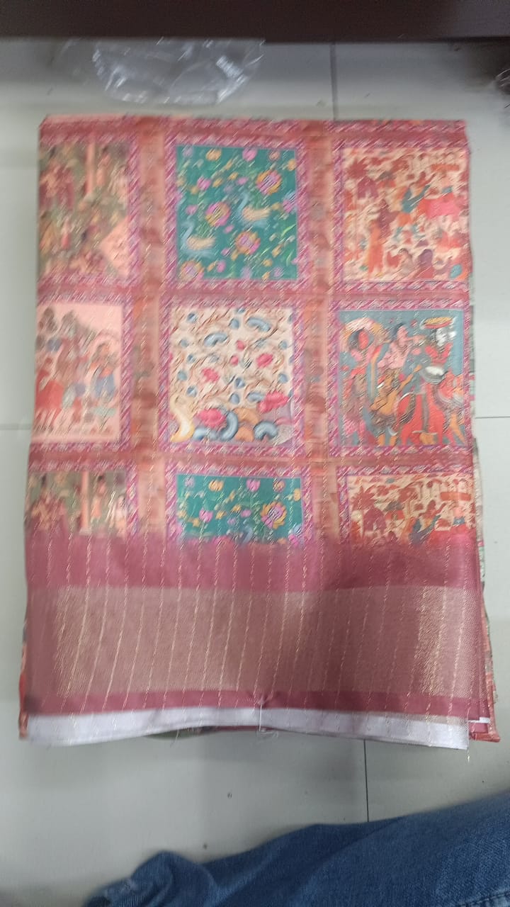 Handloom Recozari Silk Saree – Ruby Red with Silver Grey accents, Silver Zari Border (Design 143)