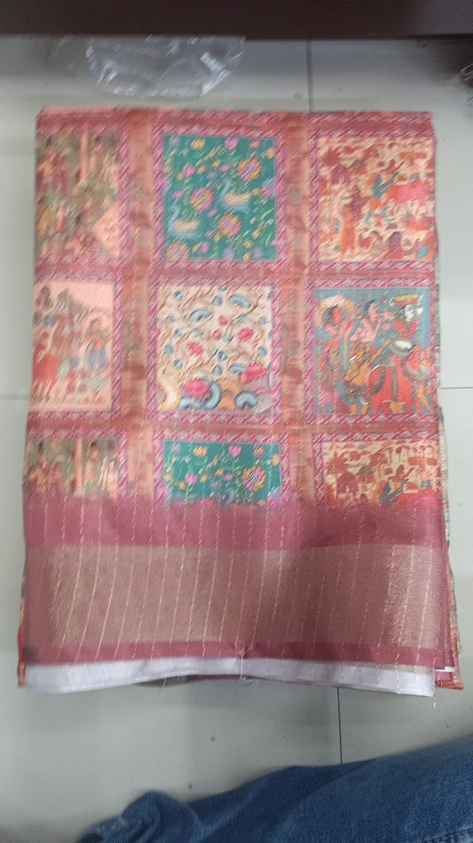 Handloom Recozari Silk Saree – Ruby Red with Silver Grey accents, Silver Zari Border (Design 143)