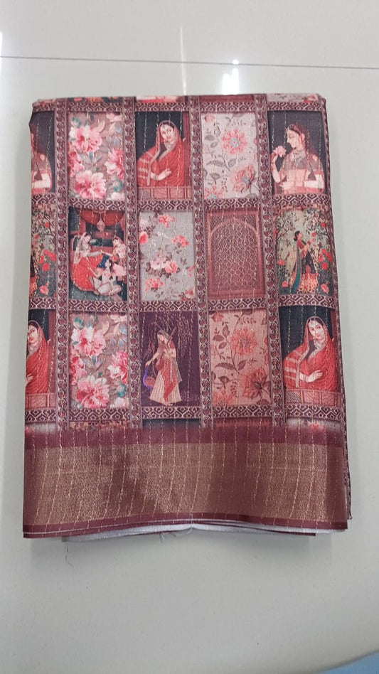 Handloom Recozari Silk Saree – Ruby Red with Crimson Red accents, Silver Zari Border (Design 132)