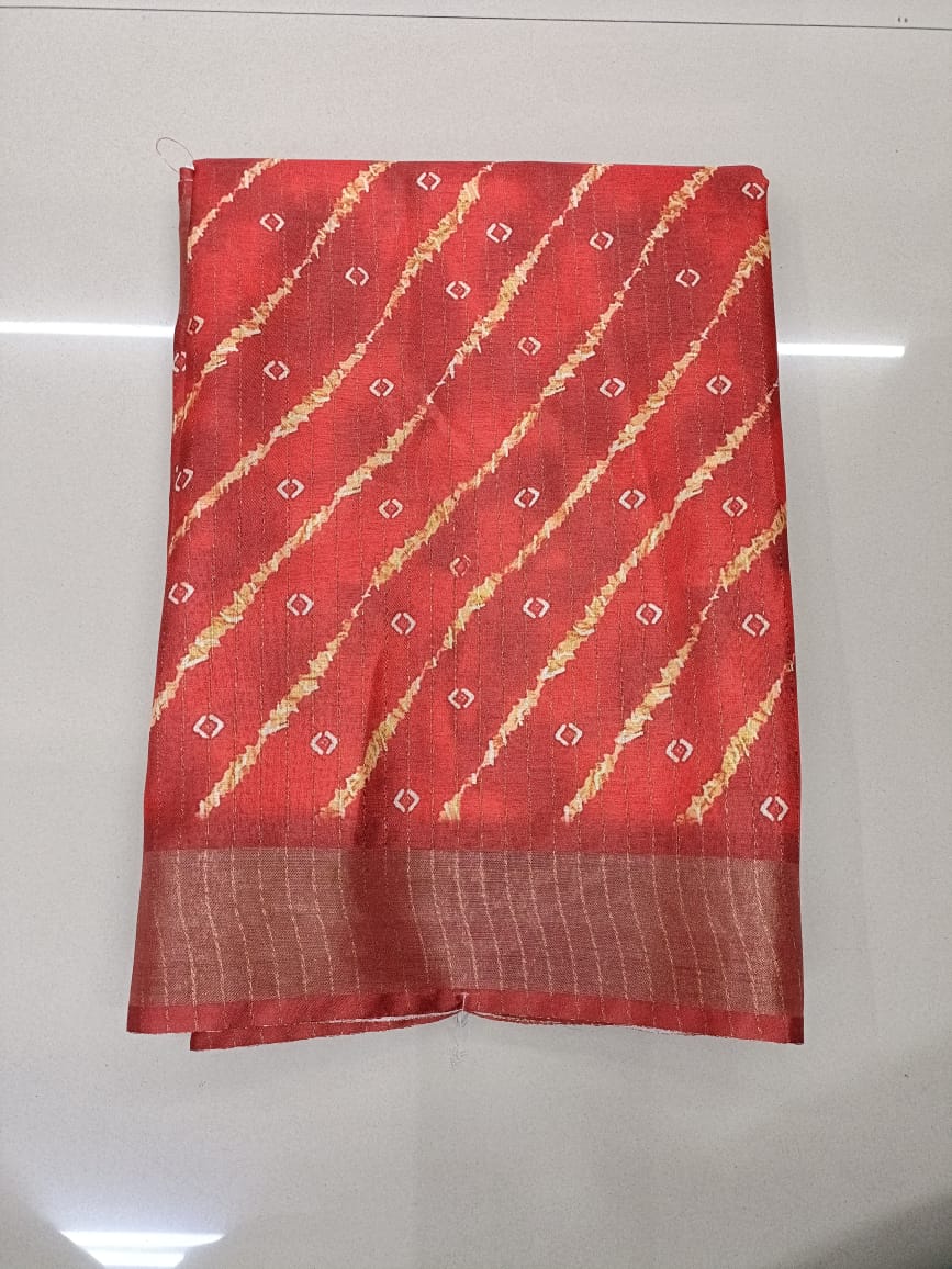 Handloom Recozari Silk Saree – Ruby Red with Rust Orange accents, Silver Zari Border (Design 174)