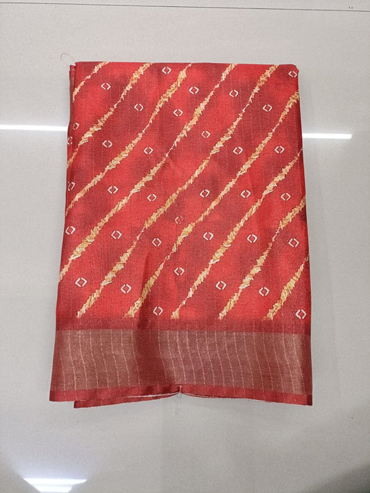 Handloom Recozari Silk Saree – Ruby Red with Rust Orange accents, Silver Zari Border (Design 174)