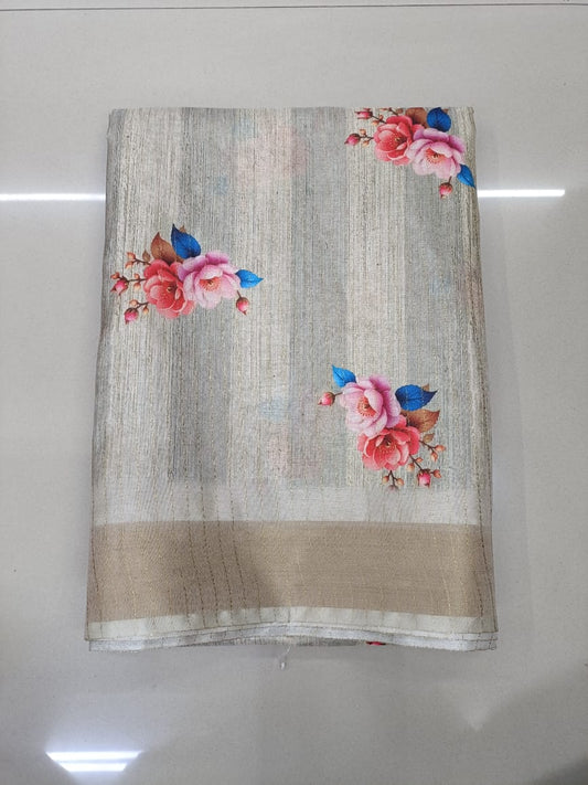 Handloom Recozari Silk Saree – Silver Grey with Ruby Red accents, Silver Zari Border (Design 203)