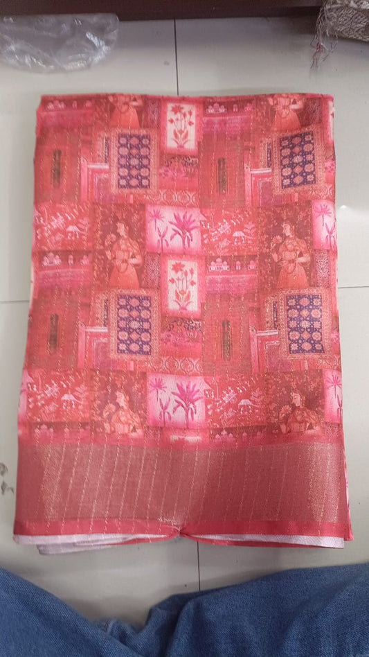Handloom Recozari Silk Saree – Magenta Pink with Rust Orange accents, Zari Border (Design 041)