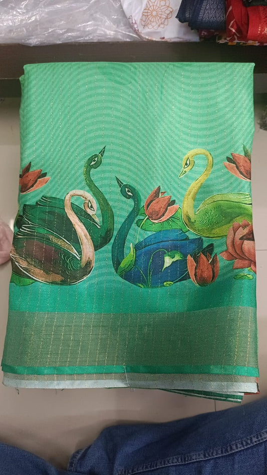Handloom Recozari Silk Saree – Bottle Green with Emerald Green accents, Zari Border (Design 054)
