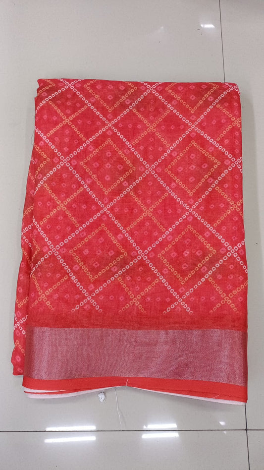 Handloom Recozari Silk Saree – Ruby Red with Rust Orange accents, Silver Zari Border (Design 196)