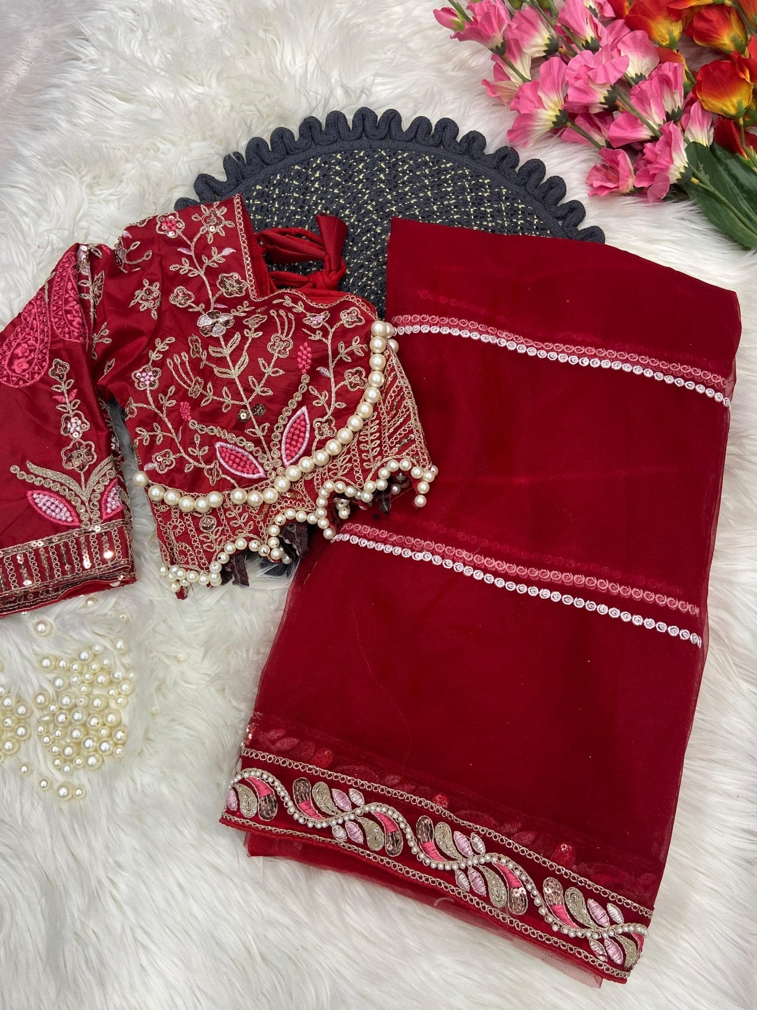 HOS ASN - 60 Designer Net Saree – Embroidery, Dori, Sequins & Hand Diamond Work Border - House Of ShiVisha