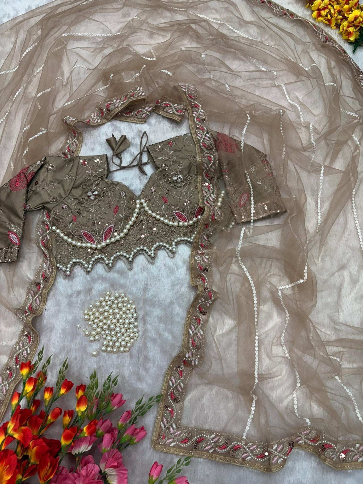 HOS ASN-60 Designer Net Saree – Embroidery, Dori, Sequins & Hand Diamond Work Border - House Of ShiVisha