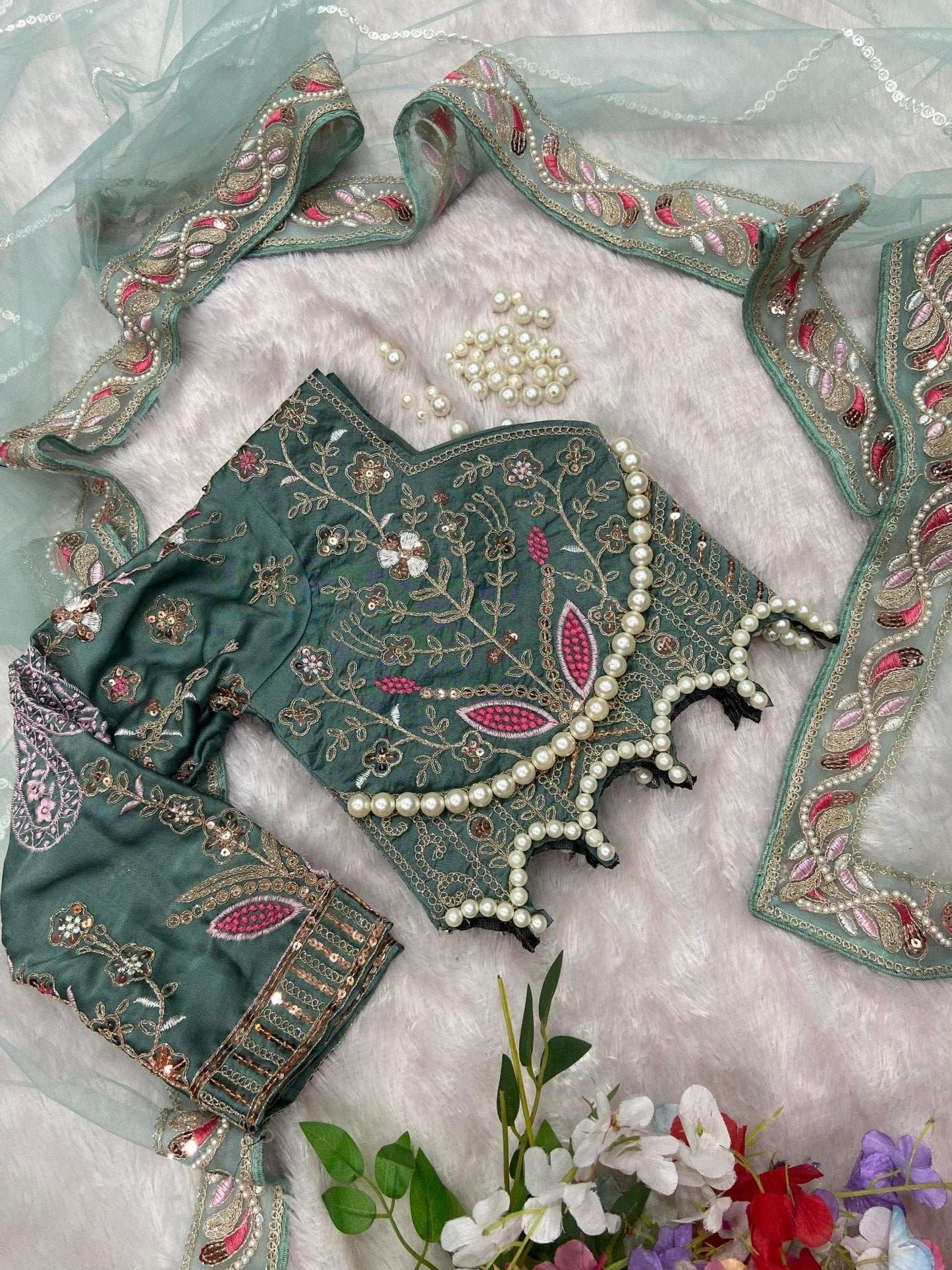 HOS ASN-60 Designer Net Saree – Embroidery, Dori, Sequins & Hand Diamond Work Border - House Of ShiVisha