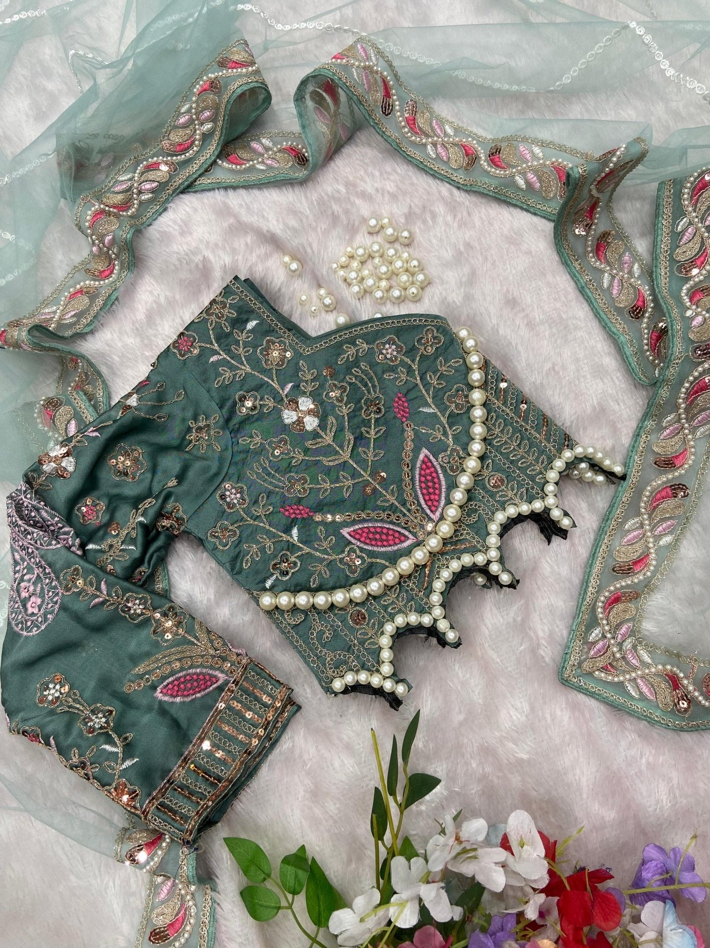 HOS ASN - 60 Designer Net Saree – Embroidery, Dori, Sequins & Hand Diamond Work Border - House Of ShiVisha