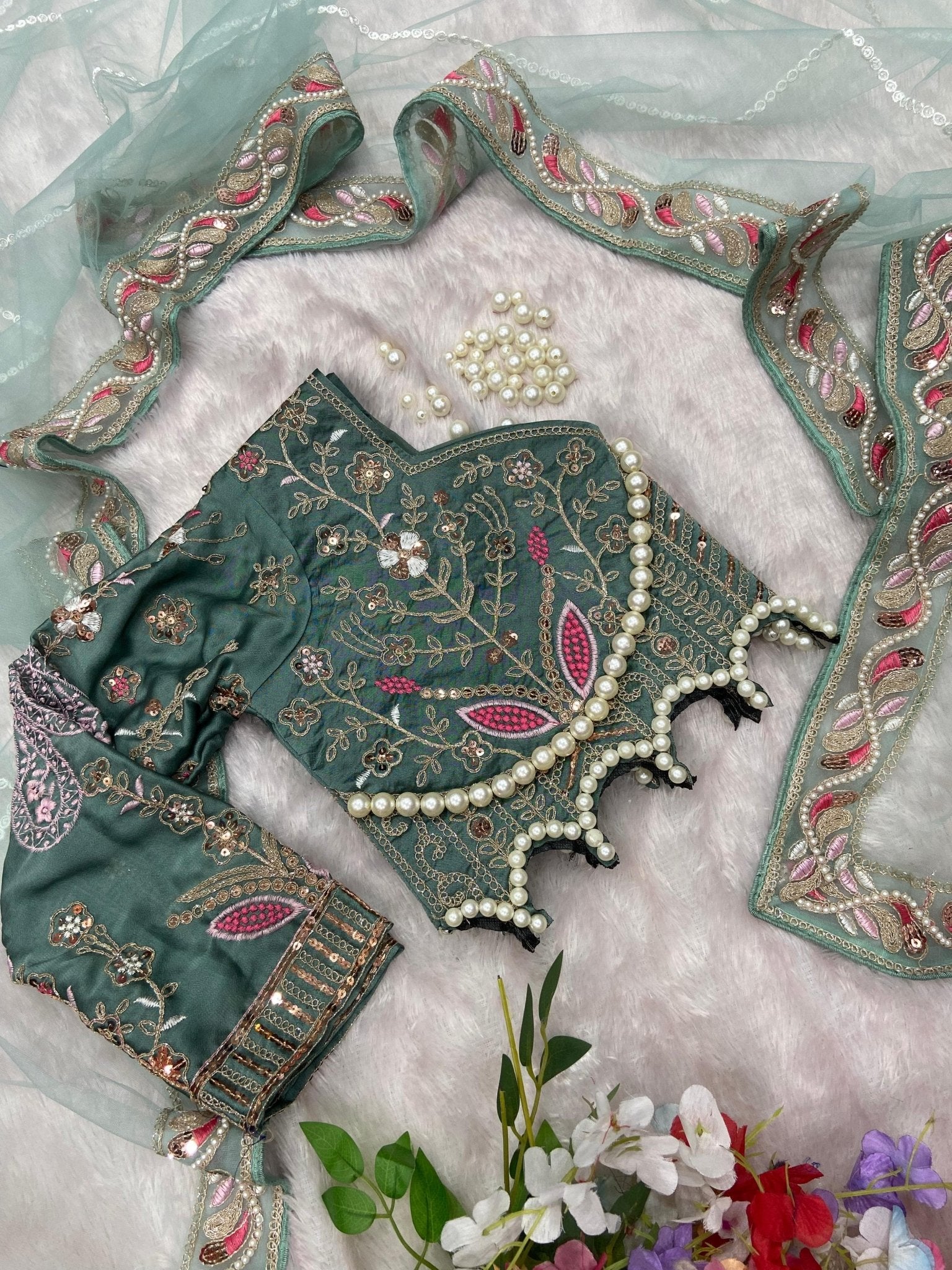 HOS ASN - 60 Designer Net Saree – Embroidery, Dori, Sequins & Hand Diamond Work Border - House Of ShiVisha