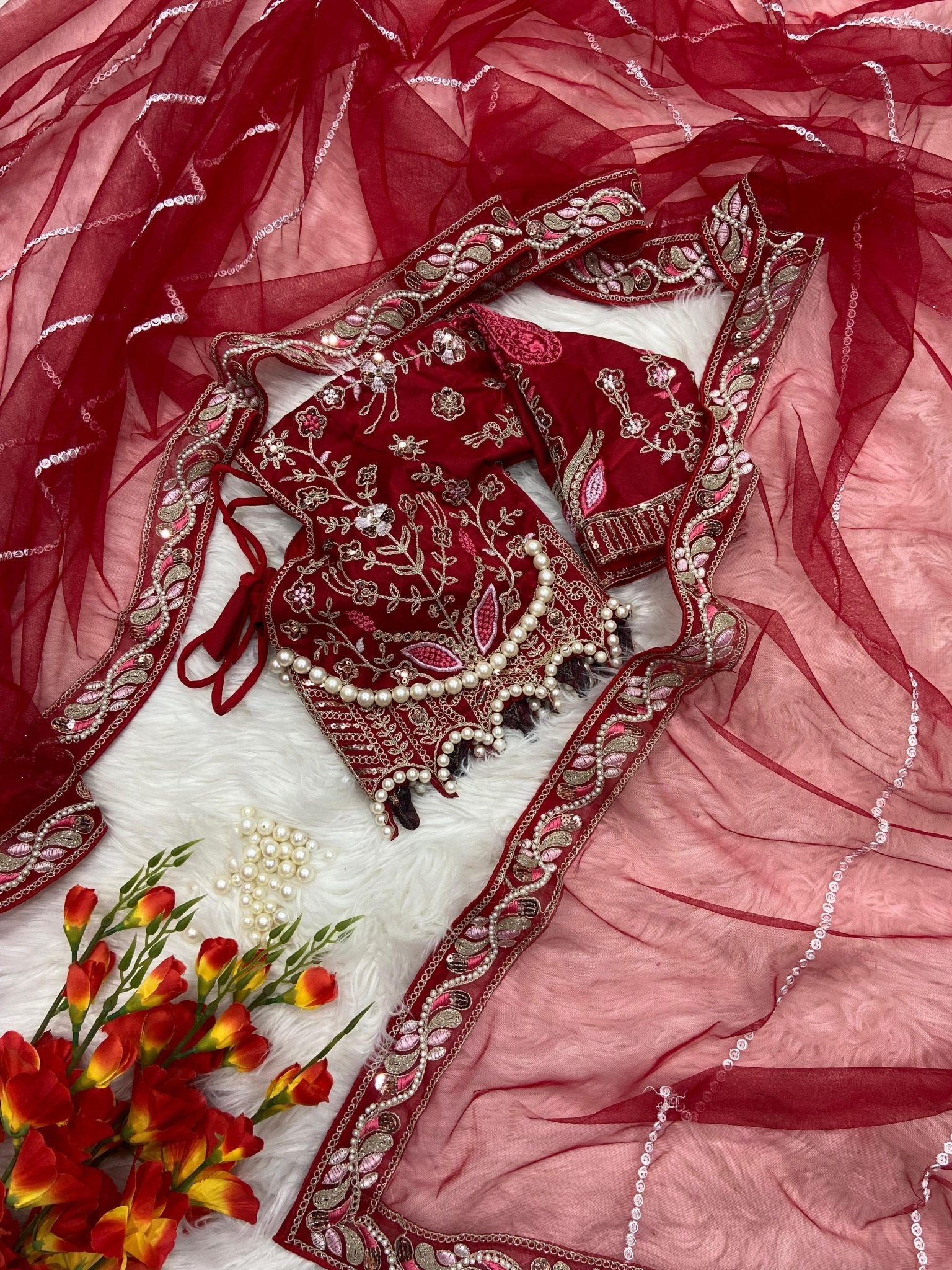 HOS ASN - 60 Designer Net Saree – Embroidery, Dori, Sequins & Hand Diamond Work Border - House Of ShiVisha