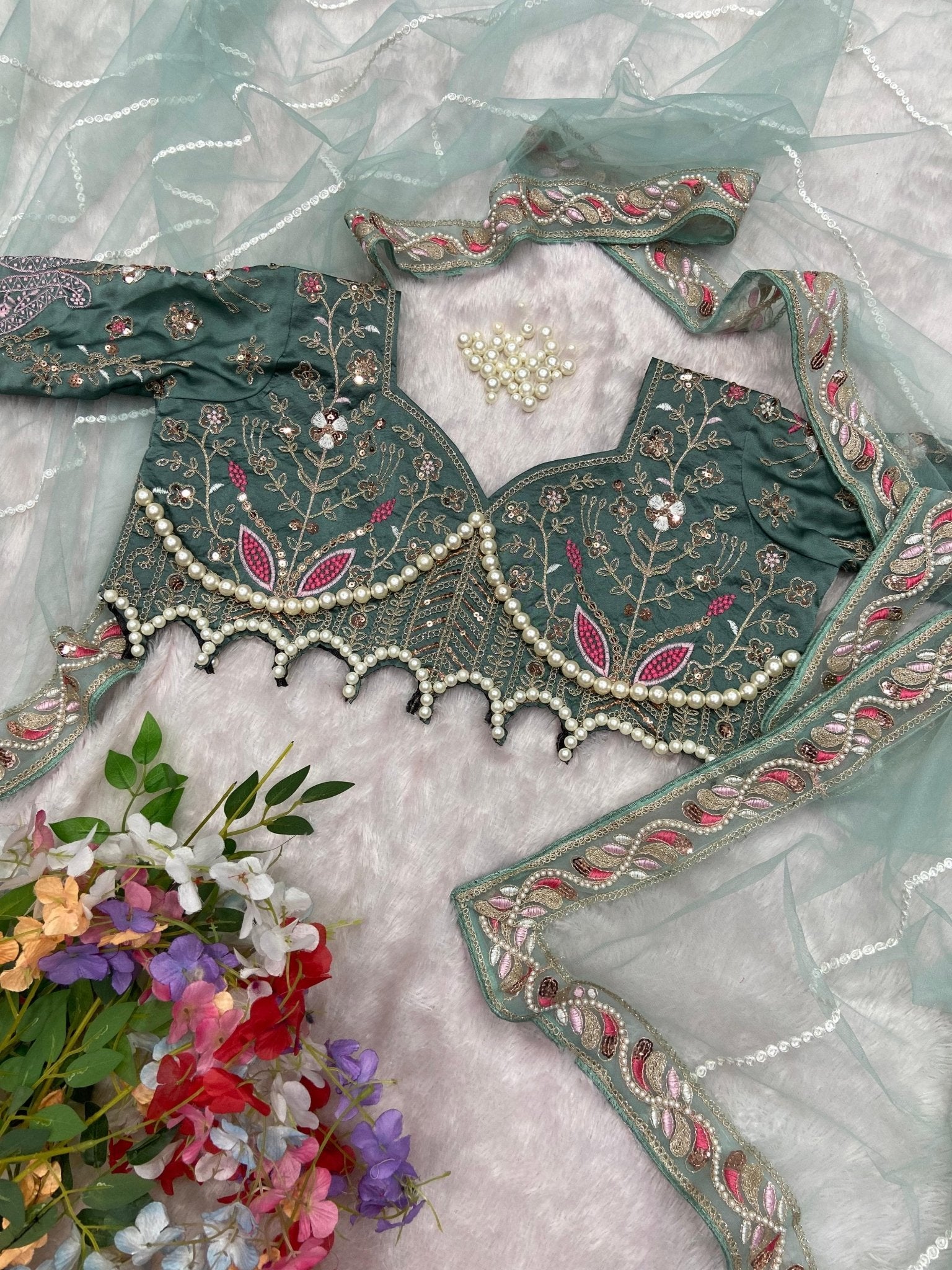 HOS ASN - 60 Designer Net Saree – Embroidery, Dori, Sequins & Hand Diamond Work Border - House Of ShiVisha