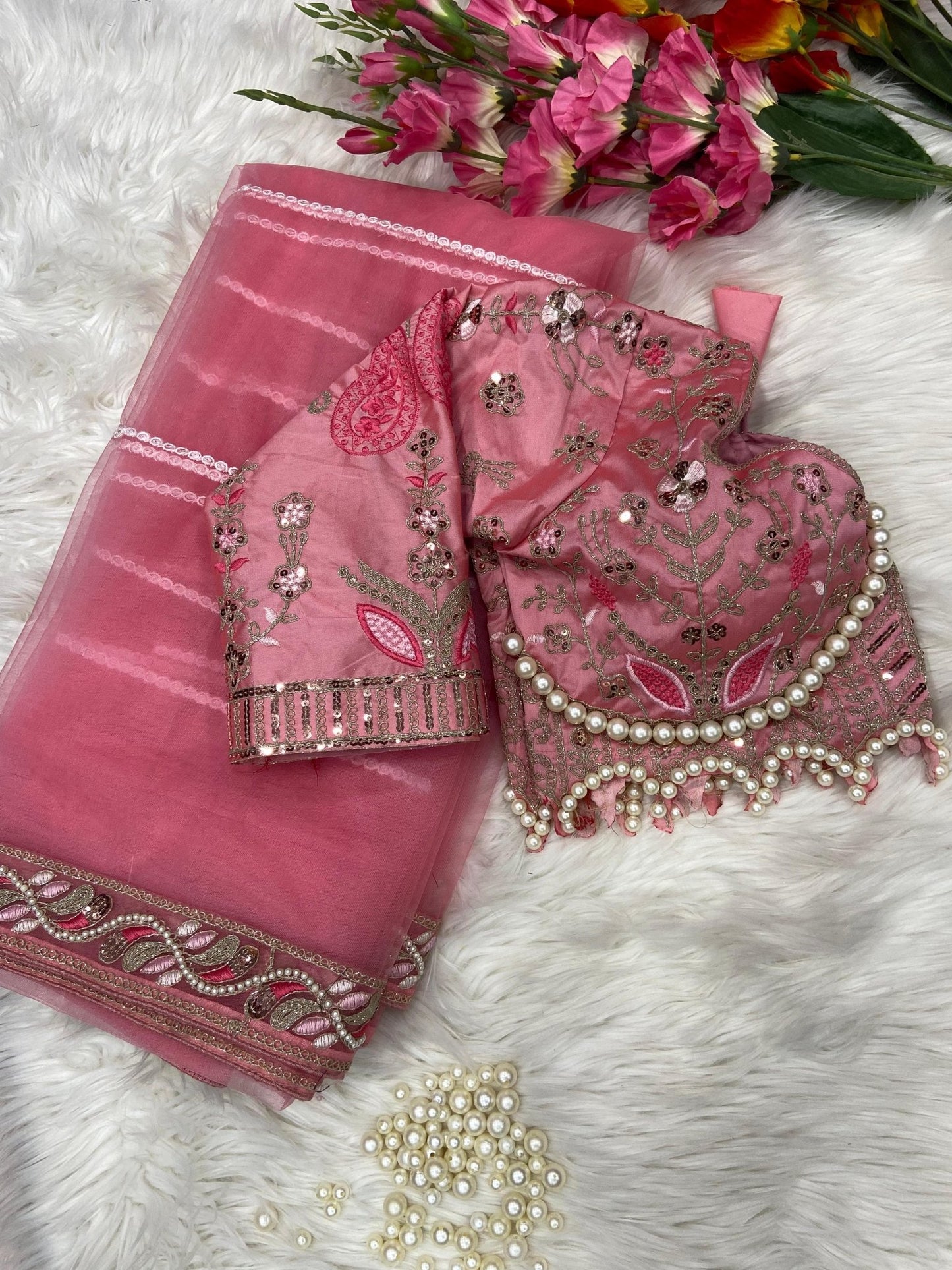 HOS ASN - 60 Designer Net Saree – Embroidery, Dori, Sequins & Hand Diamond Work Border - House Of ShiVisha