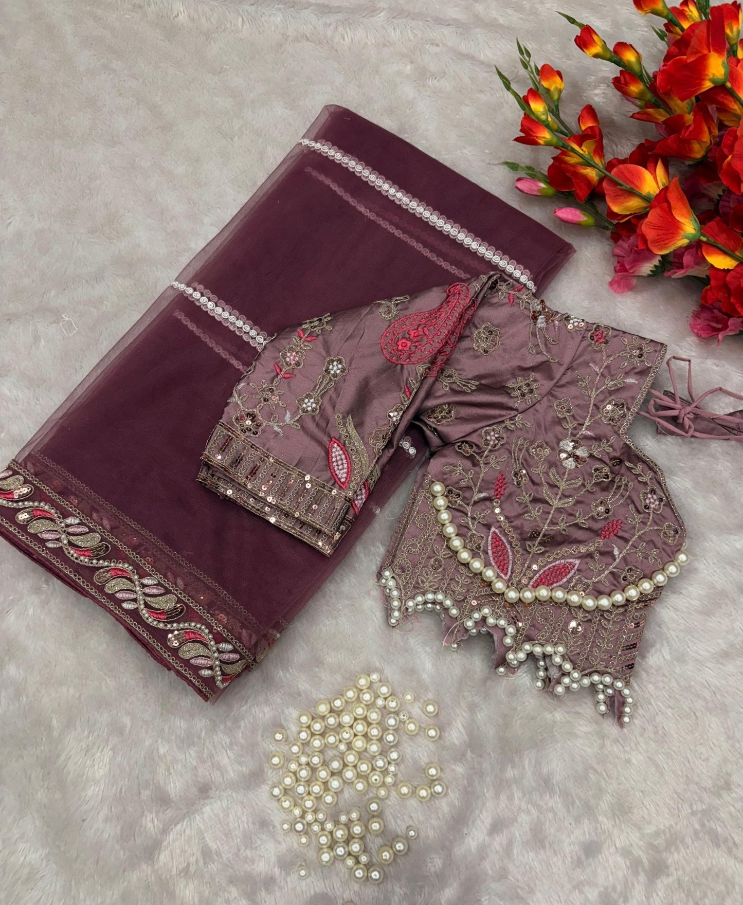 HOS ASN - 60 Designer Net Saree – Embroidery, Dori, Sequins & Hand Diamond Work Border - House Of ShiVisha