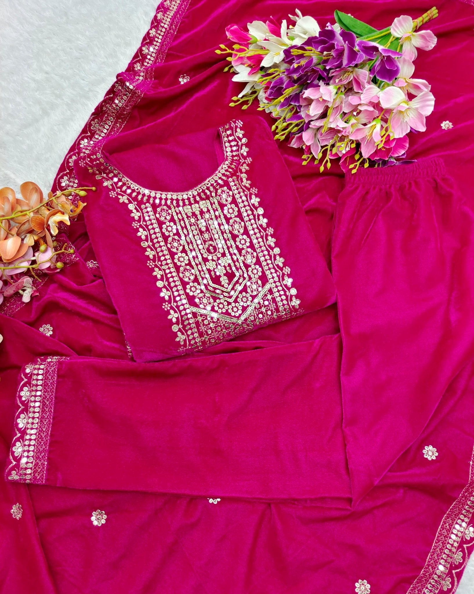 HOS FD - 101 Velvet Suit Set – Embroidered Top, Pant & Dupatta (Ready to Wear) - House Of ShiVisha
