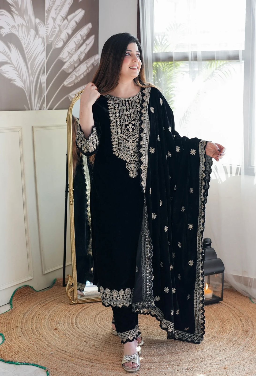 HOS FD - 101 Velvet Suit Set – Embroidered Top, Pant & Dupatta (Ready to Wear) - House Of ShiVisha