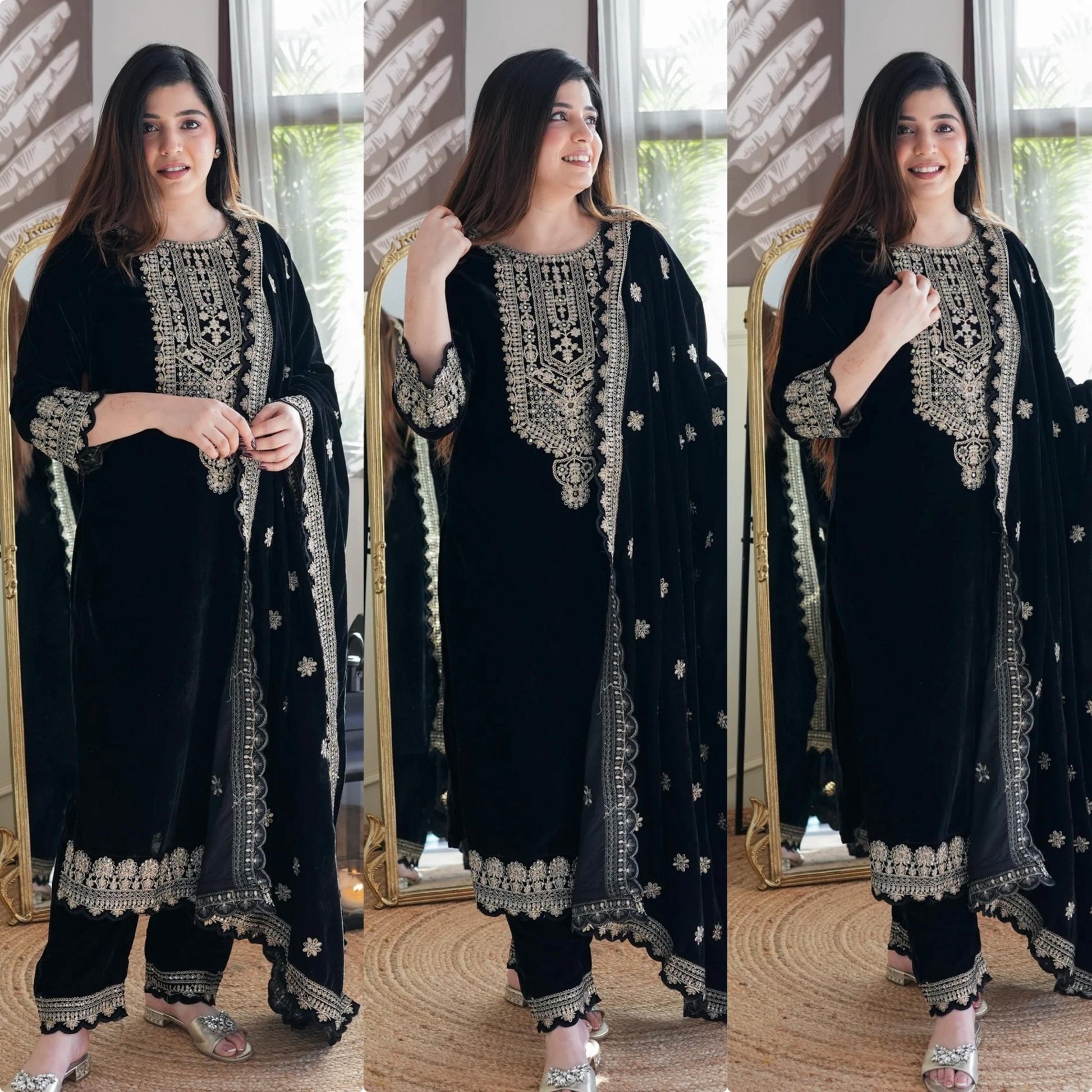 HOS FD - 101 Velvet Suit Set – Embroidered Top, Pant & Dupatta (Ready to Wear) - House Of ShiVisha