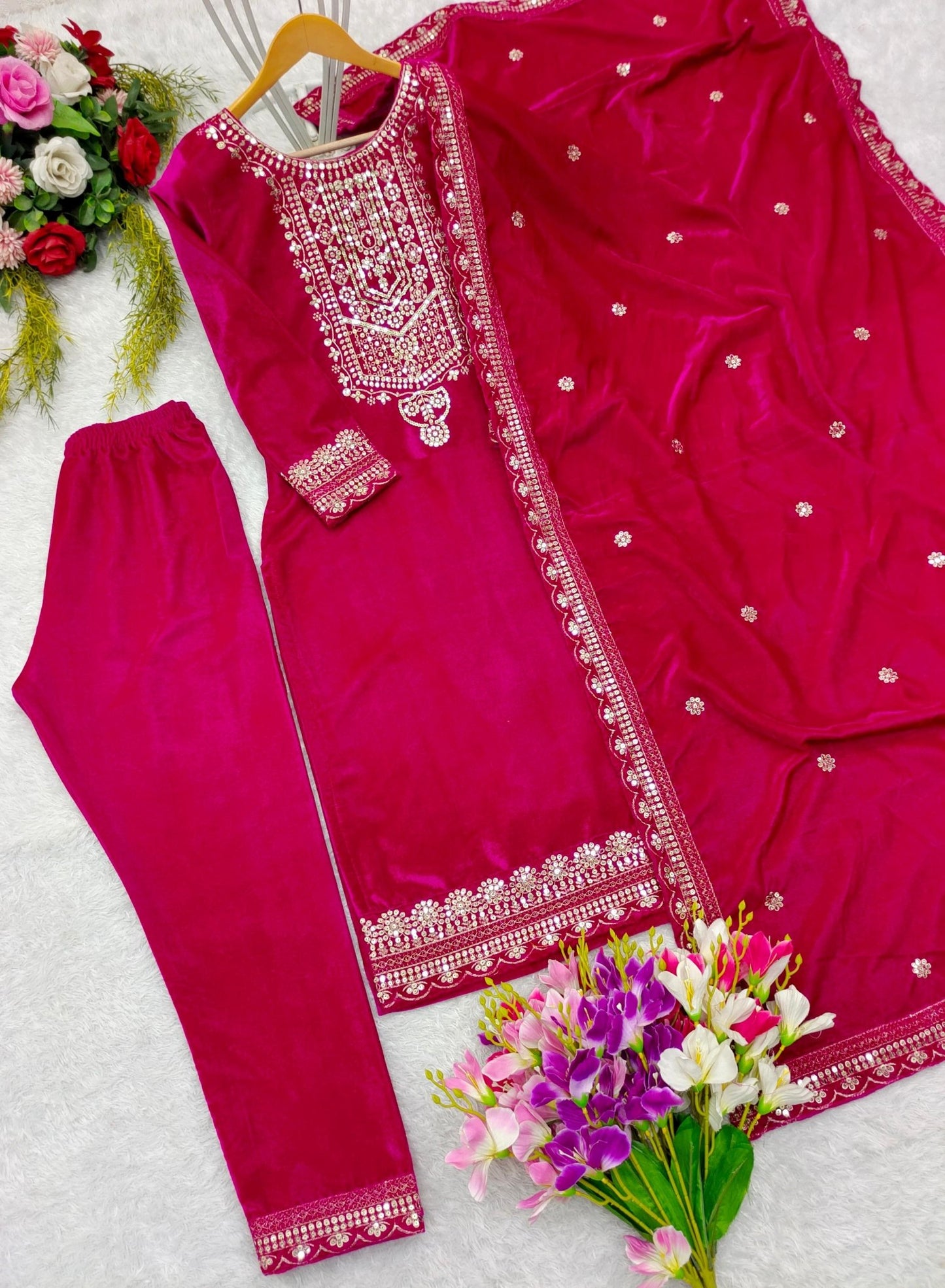 HOS FD - 101 Velvet Suit Set – Embroidered Top, Pant & Dupatta (Ready to Wear) - House Of ShiVisha