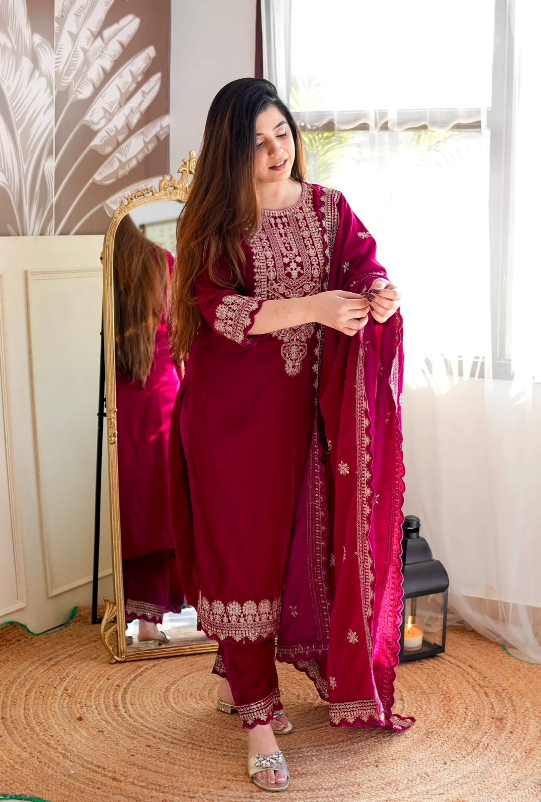 HOS FD - 101 Velvet Suit Set – Embroidered Top, Pant & Dupatta (Ready to Wear) - House Of ShiVisha