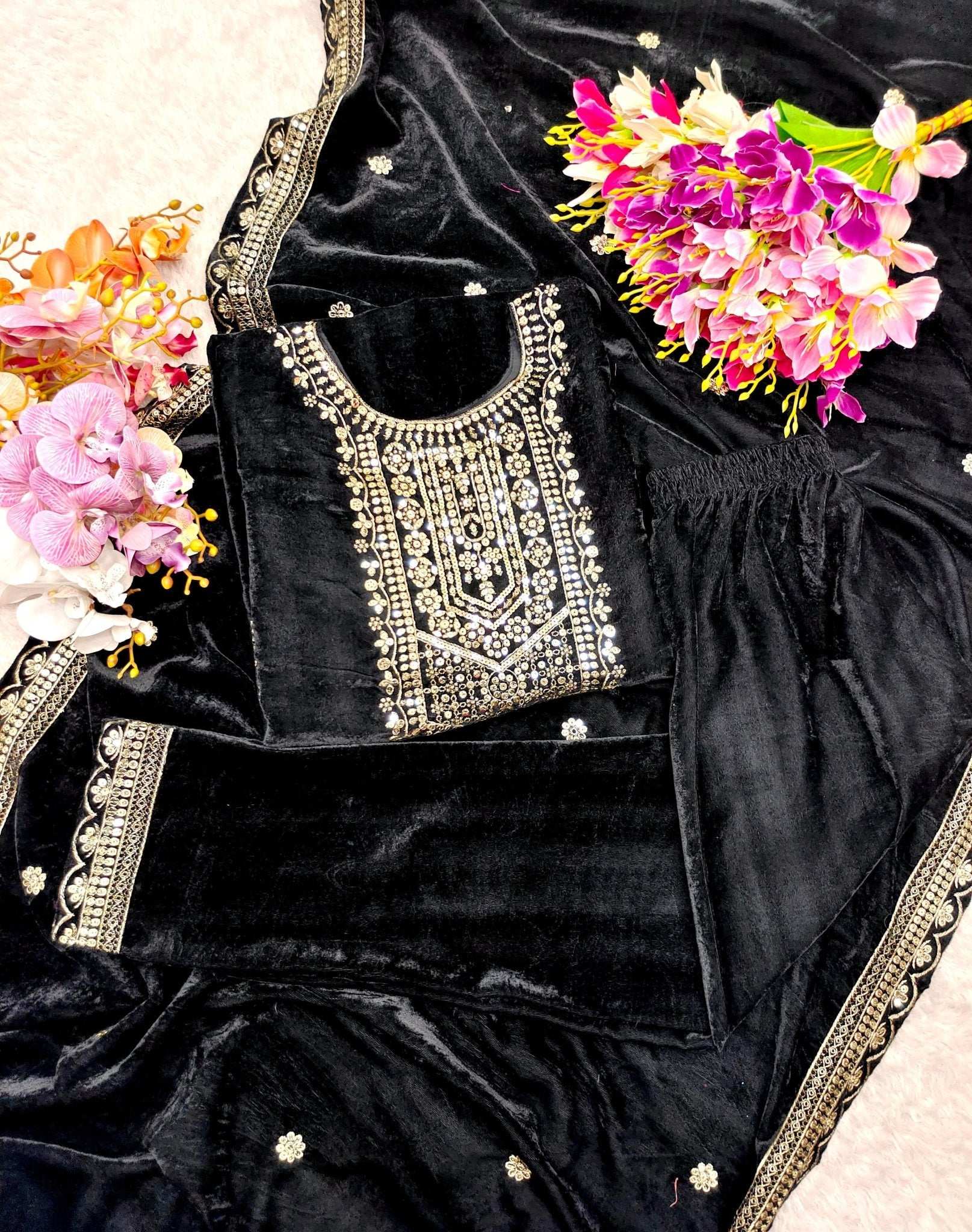 HOS FD-101 Velvet Suit Set – Embroidered Top, Pant & Dupatta (Ready to Wear) - House Of ShiVisha