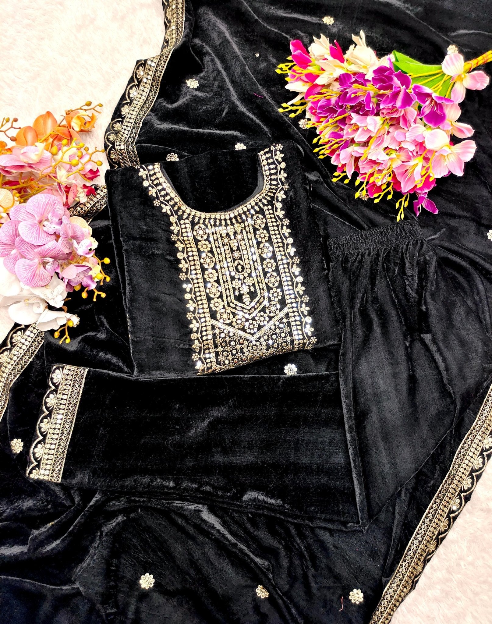 HOS FD - 101 Velvet Suit Set – Embroidered Top, Pant & Dupatta (Ready to Wear) - House Of ShiVisha