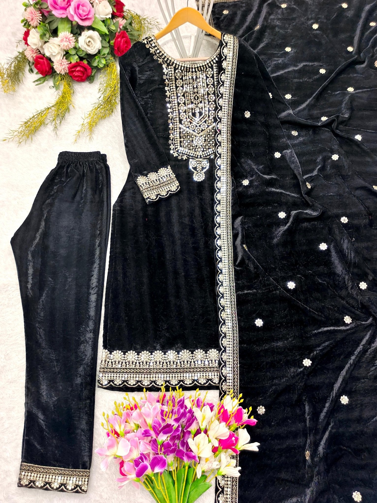HOS FD - 101 Velvet Suit Set – Embroidered Top, Pant & Dupatta (Ready to Wear) - House Of ShiVisha