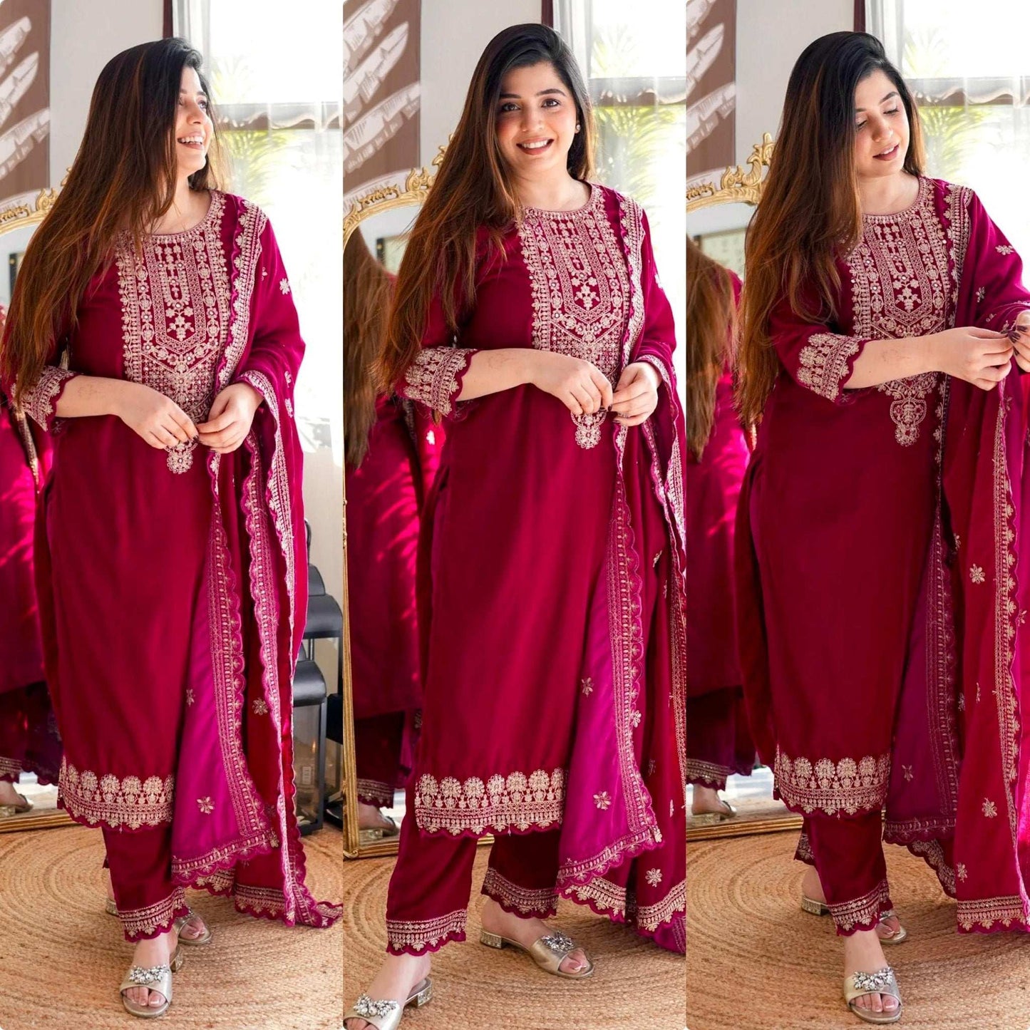 HOS FD-101 Velvet Suit Set – Embroidered Top, Pant & Dupatta (Ready to Wear) - House Of ShiVisha