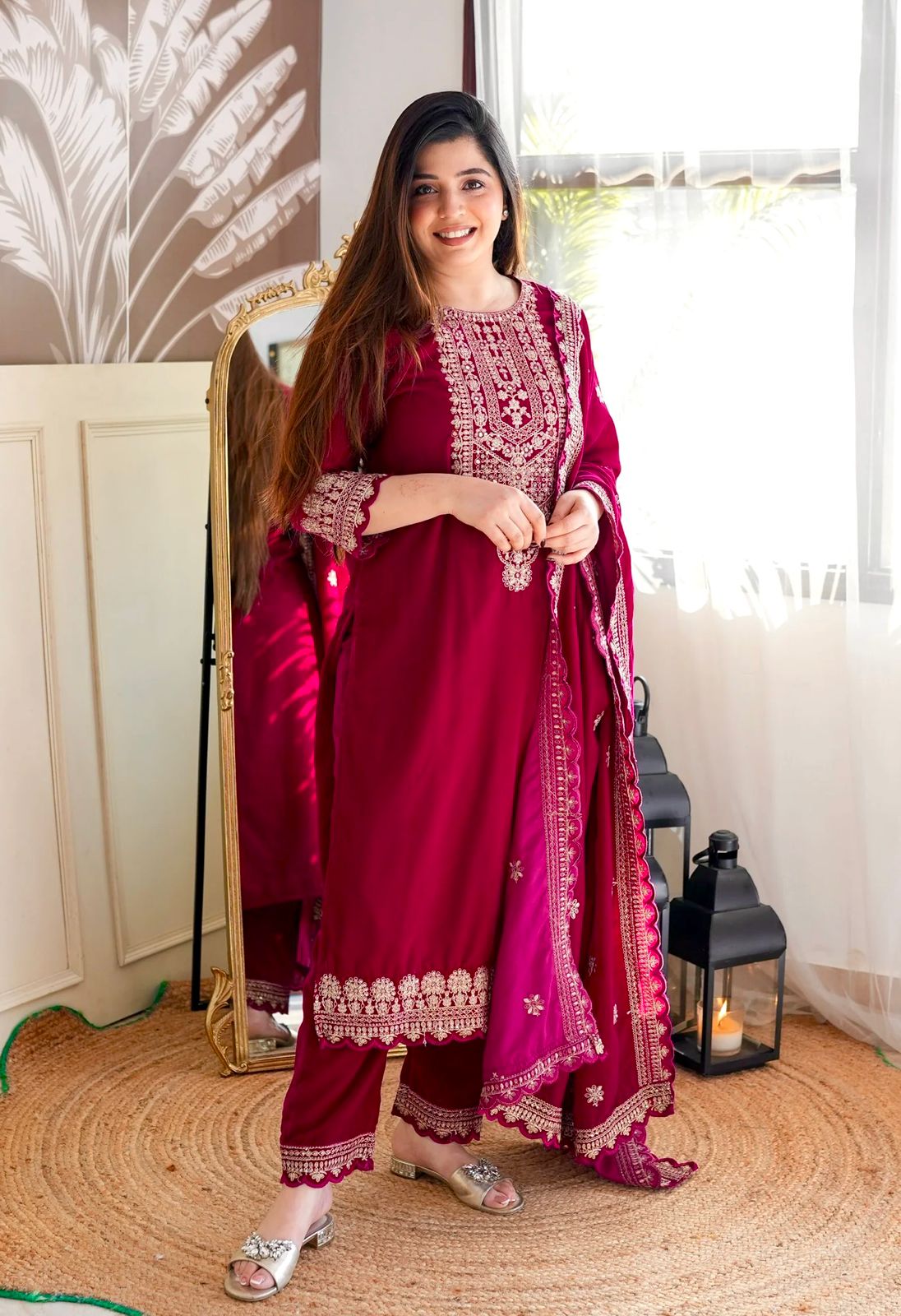 HOS FD - 101 Velvet Suit Set – Embroidered Top, Pant & Dupatta (Ready to Wear) - House Of ShiVisha