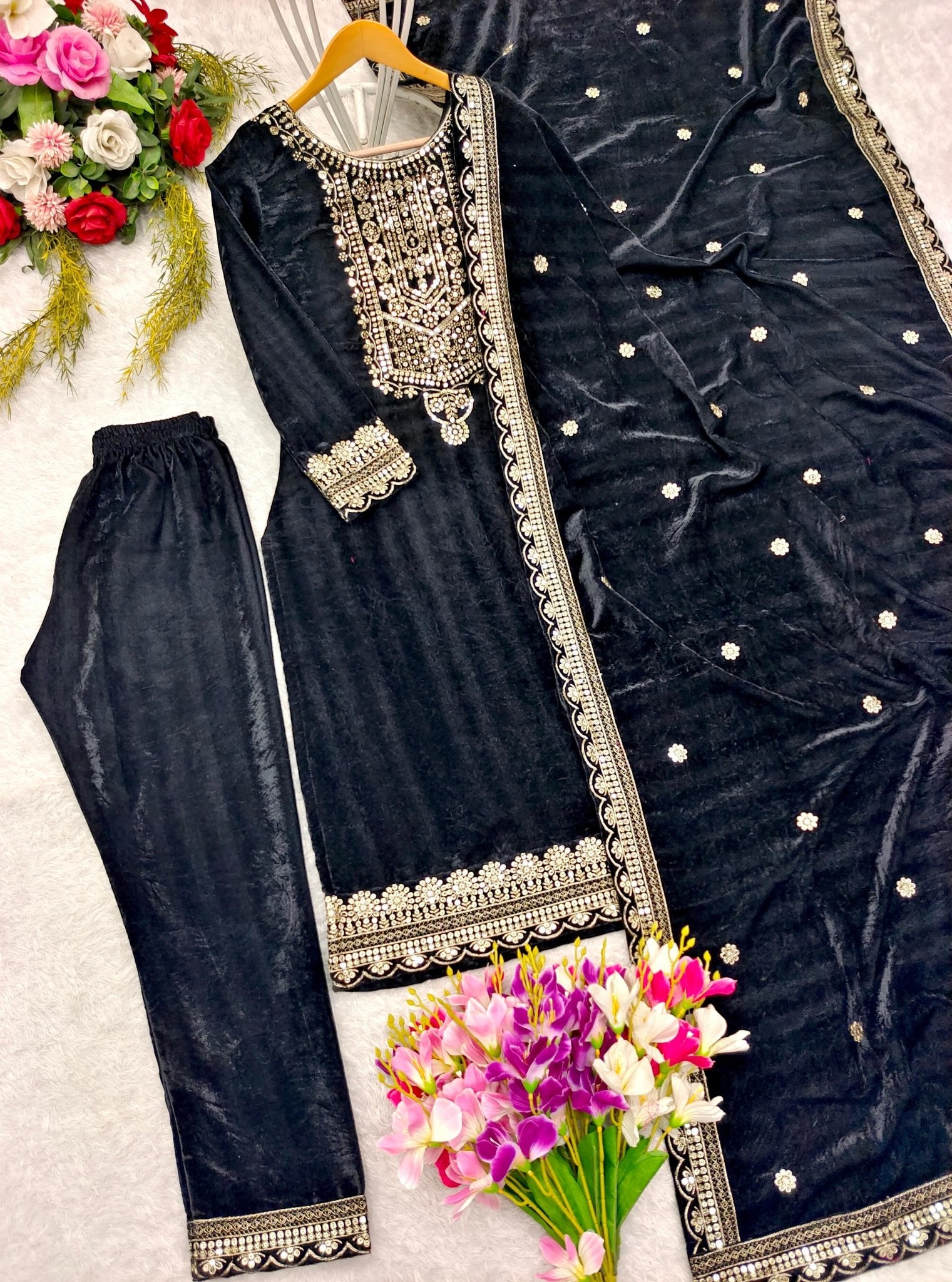 HOS FD - 101 Velvet Suit Set – Embroidered Top, Pant & Dupatta (Ready to Wear) - House Of ShiVisha