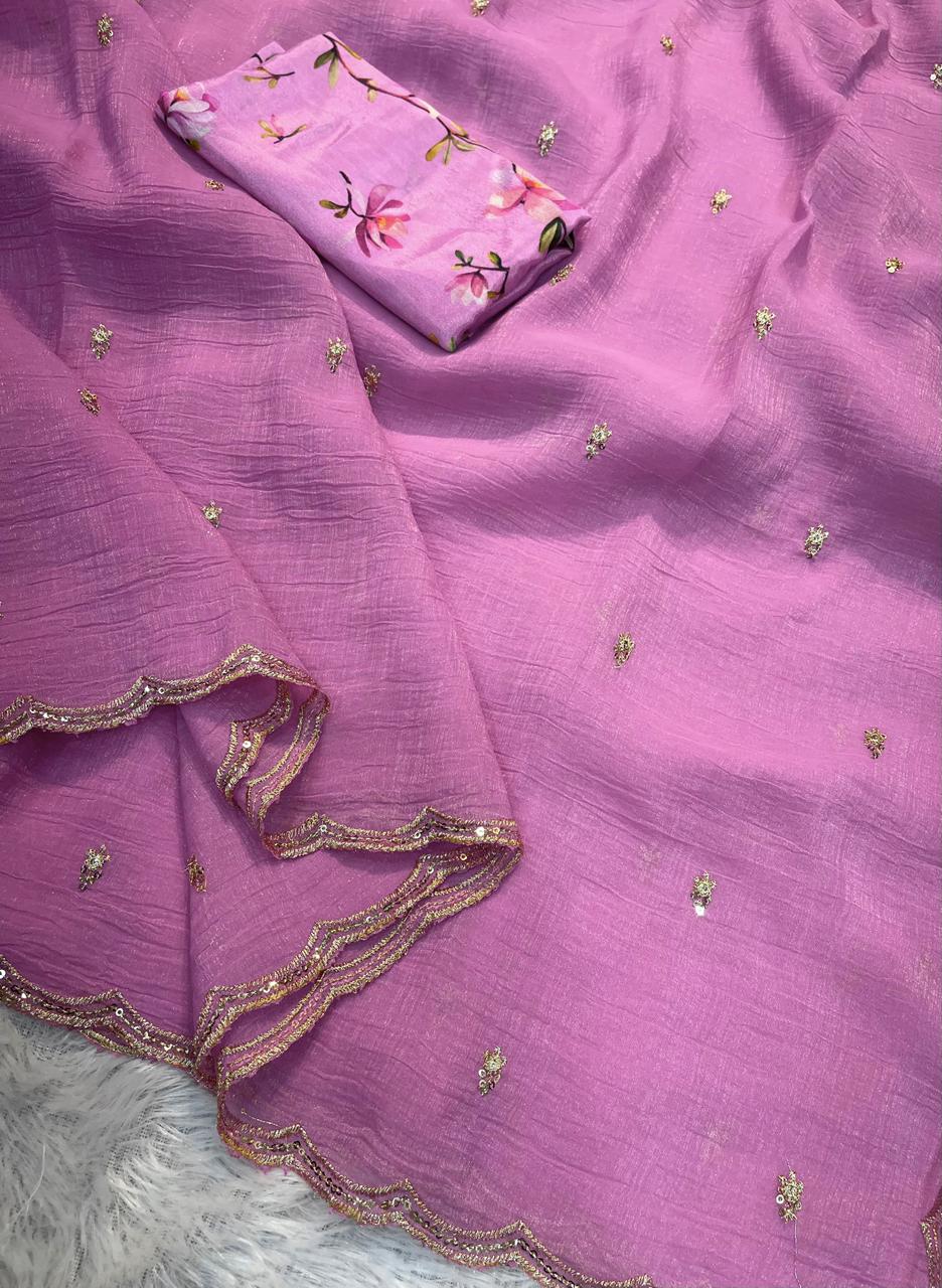 HOS Georgette Crush Saree – Embroidery Butti with Arka Border & Floral Print Blouse - House Of ShiVisha